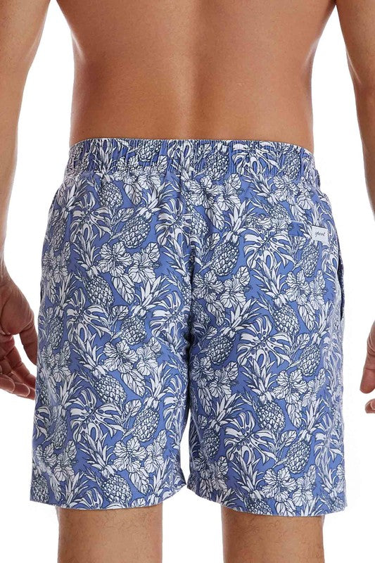 Tropical Pattern Elastic Waist Drawstring Swim Shorts with Pockets