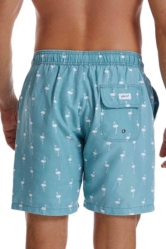 Elastic Waist Drawstring Lightweight Quick Dry Print Swim Trunks