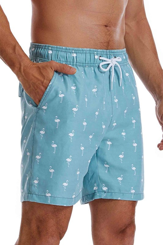 Elastic Waist Drawstring Lightweight Quick Dry Print Swim Trunks
