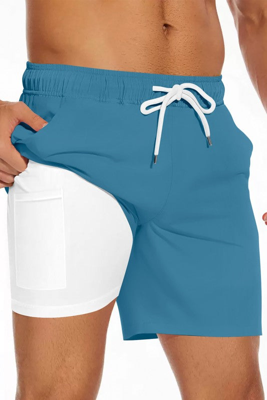 Solid Drawstring Swim Shorts with Compression Liner
