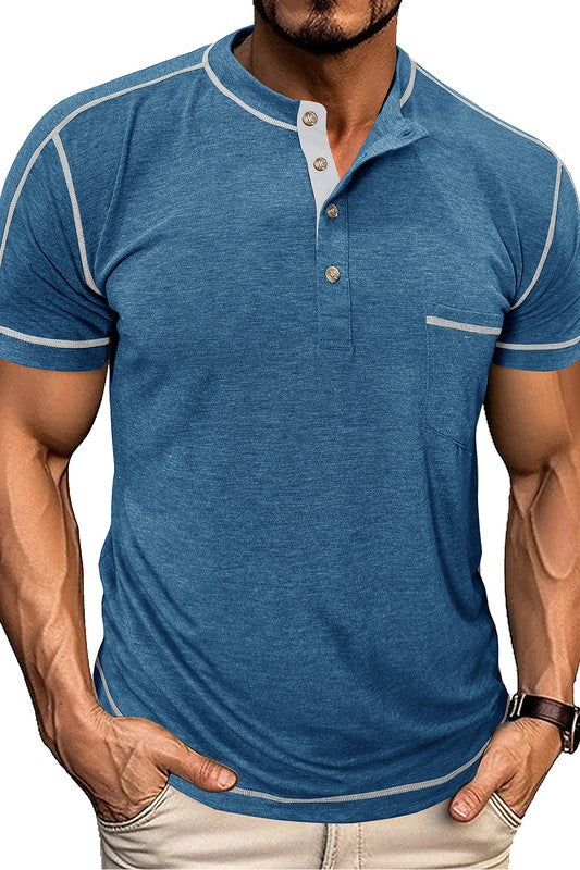 Round Neck Short Sleeved Contrasting Henley Shirt