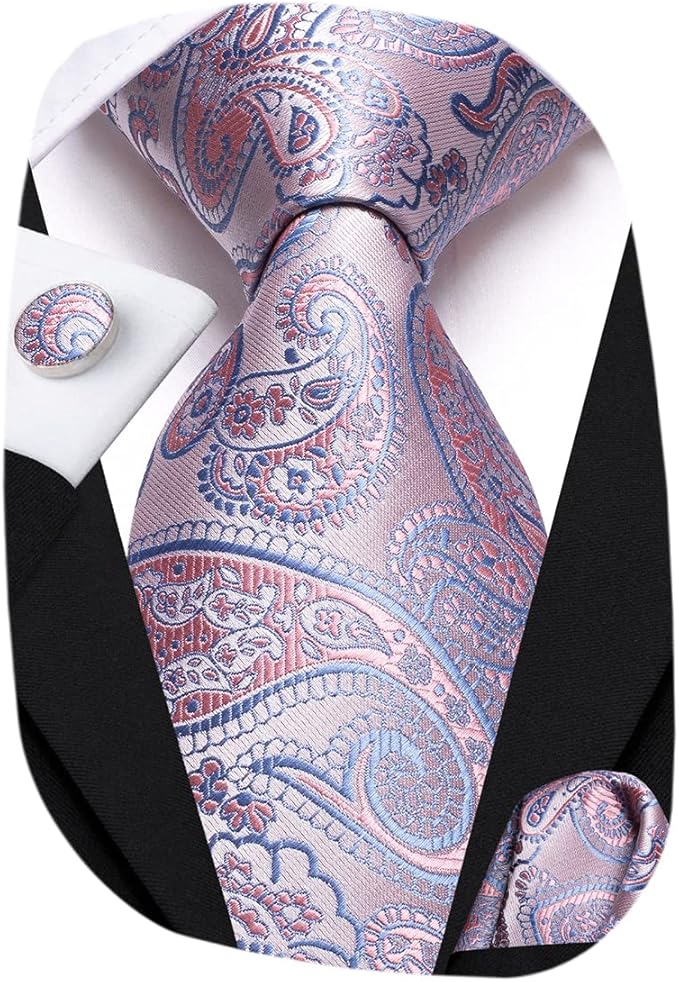 Men Paisley Windsor Necktie with Pocket Square and Cufflinks Clip Set