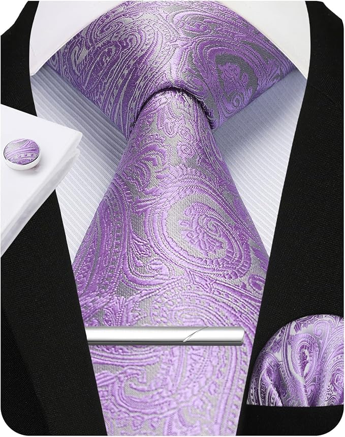 Men Paisley Windsor Necktie with Pocket Square and Cufflinks Clip Set