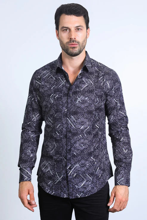 Long Sleeve Modern Fit Stretch Foil Print Button Down Dress Shirt