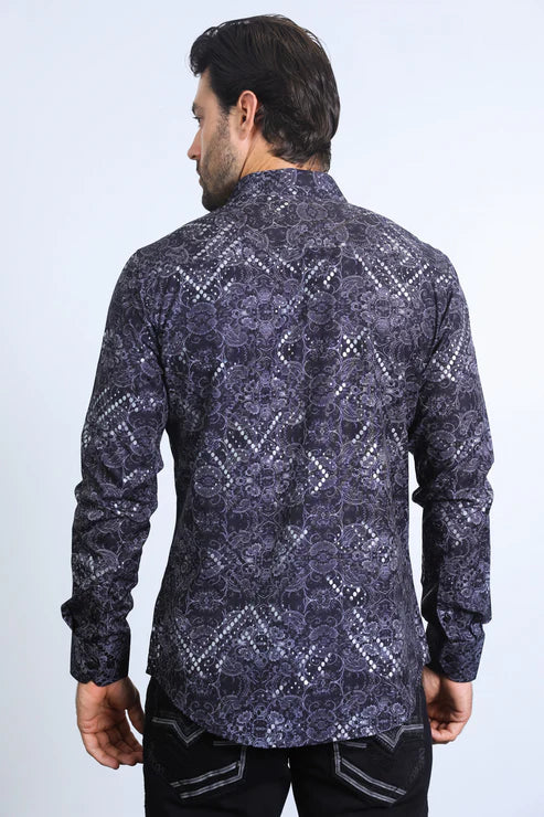 Long Sleeve Modern Fit Stretch Foil Print Button Down Dress Shirt