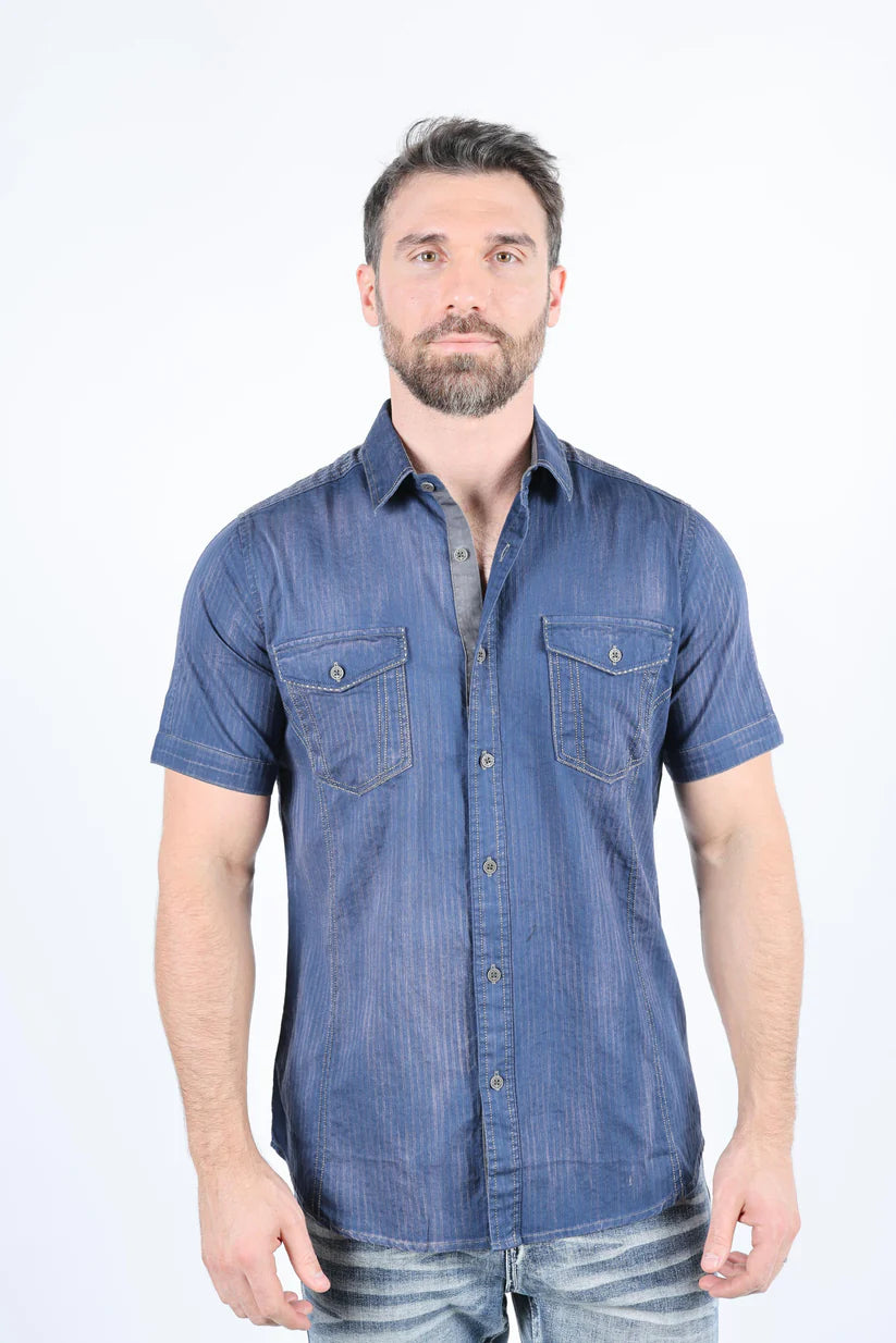 Short Sleeve Modern Fit Button Down Shirt with Stitching