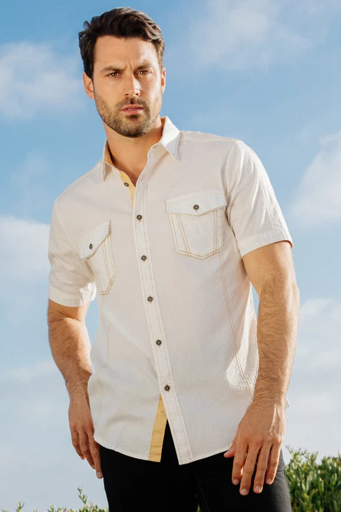 Short Sleeve Modern Fit Button Down Shirt with Stitching