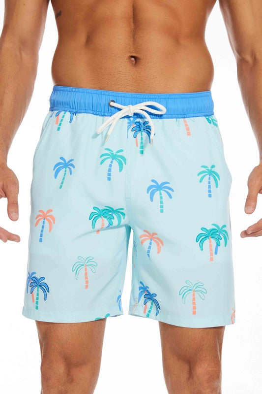 Palm Print Swim Shorts with Compression Liner and Back Pocket