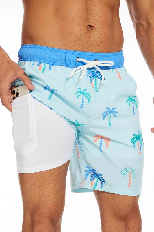 Palm Print Swim Shorts with Compression Liner and Back Pocket