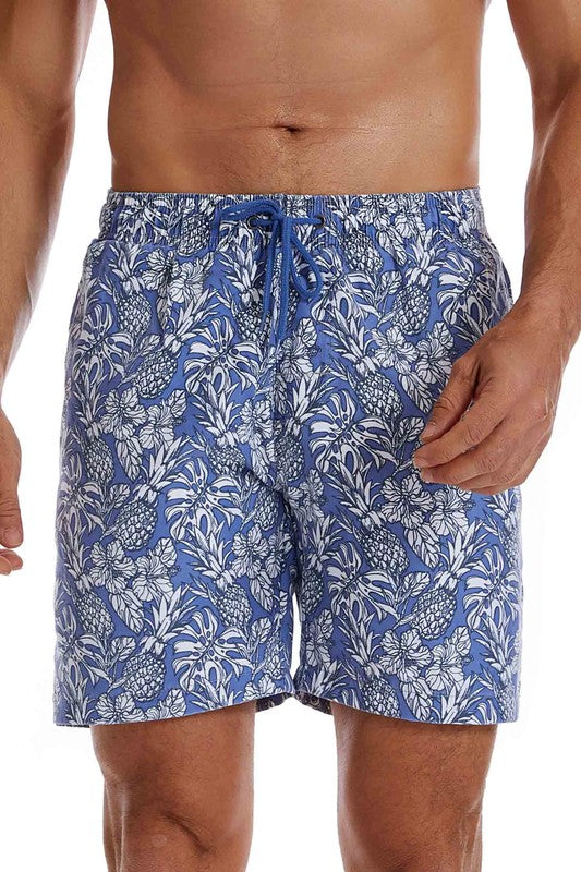 Tropical Pattern Elastic Waist Drawstring Swim Shorts with Pockets