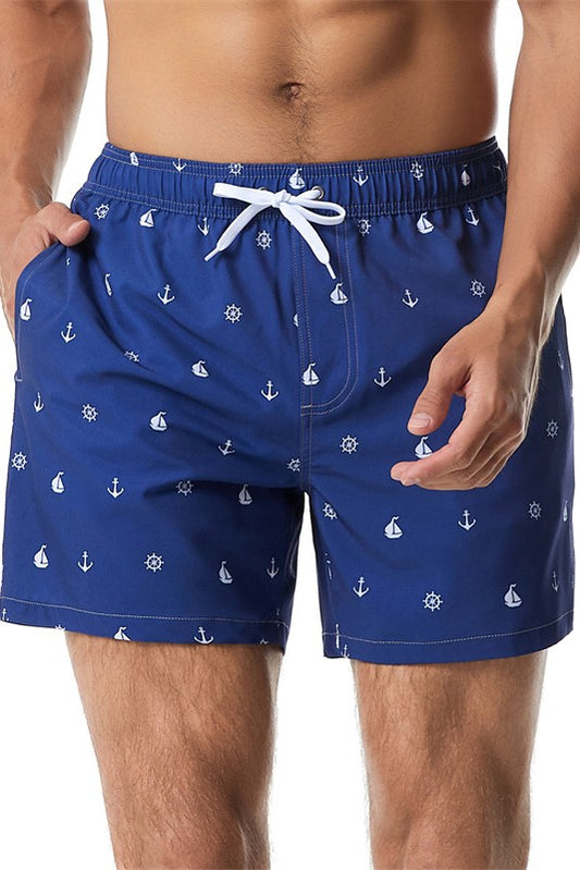 Print Drawstring Pattern Swim Trunks with Pockets