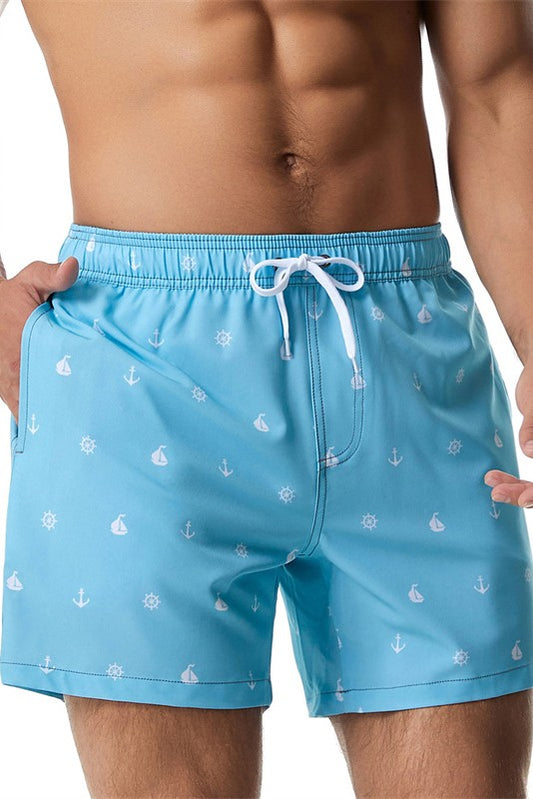 Quick Drying Print Elastic Waist Drawstring Swim Trunks