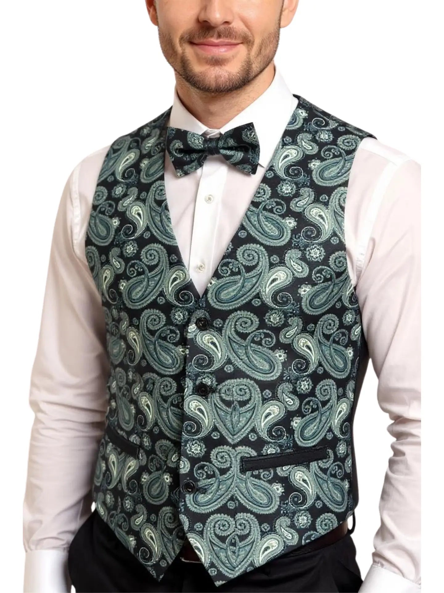 Front Button Closure Paisley Vest Set
