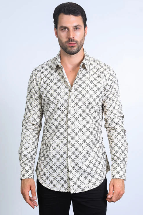 Long Sleeve Modern Fit Stretch Print Dress Shirt